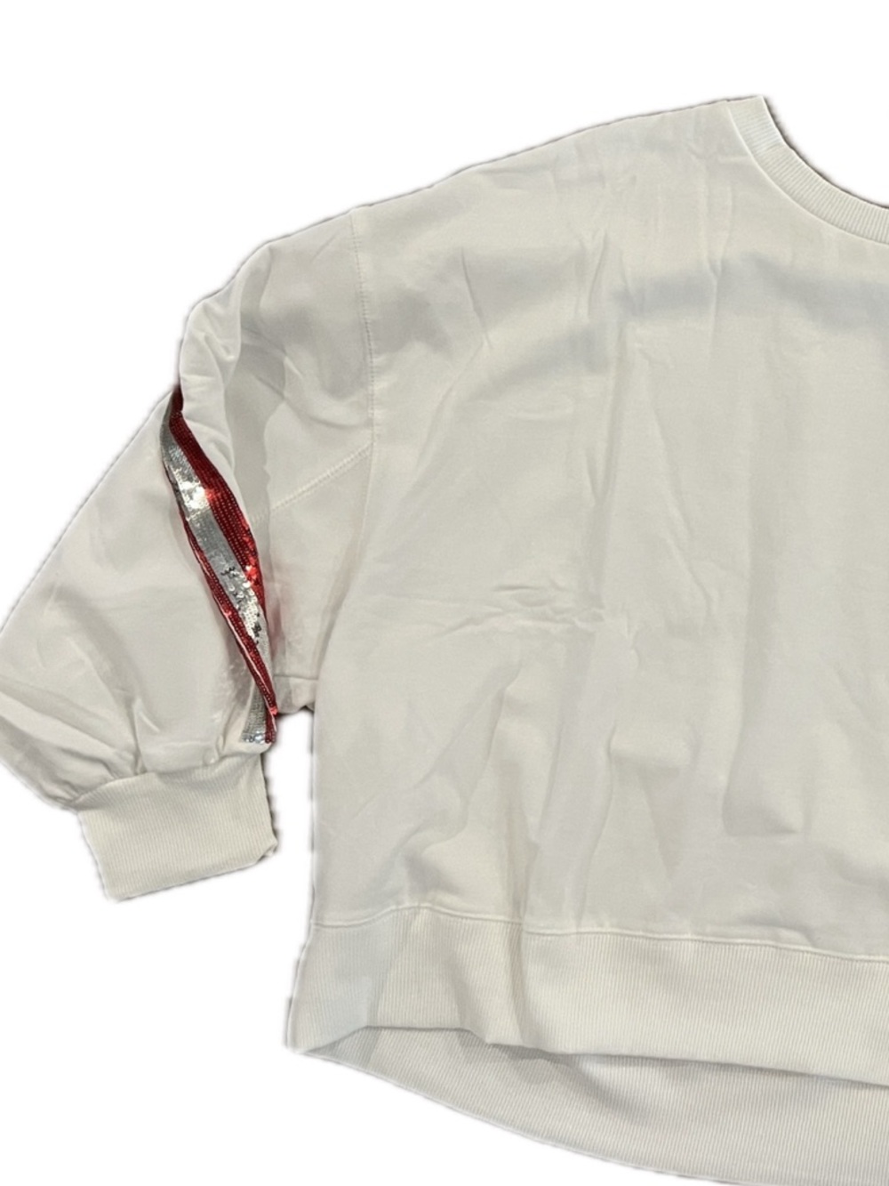 Mary Square Game Day Sweatshirt with Red & Silver Sequin Sleeves
